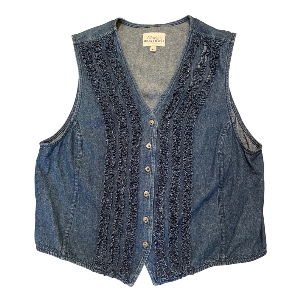 Vintage Denim Vest Ruffle Susan Bristol Blue Cotton Button Front Large